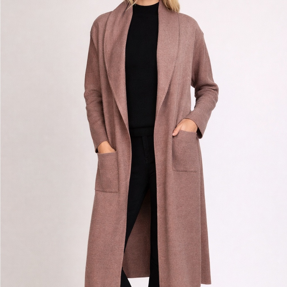 Max Sport Long Knit Cardigan Coat Women's Sz L Heather Dark Sand Open Front $368